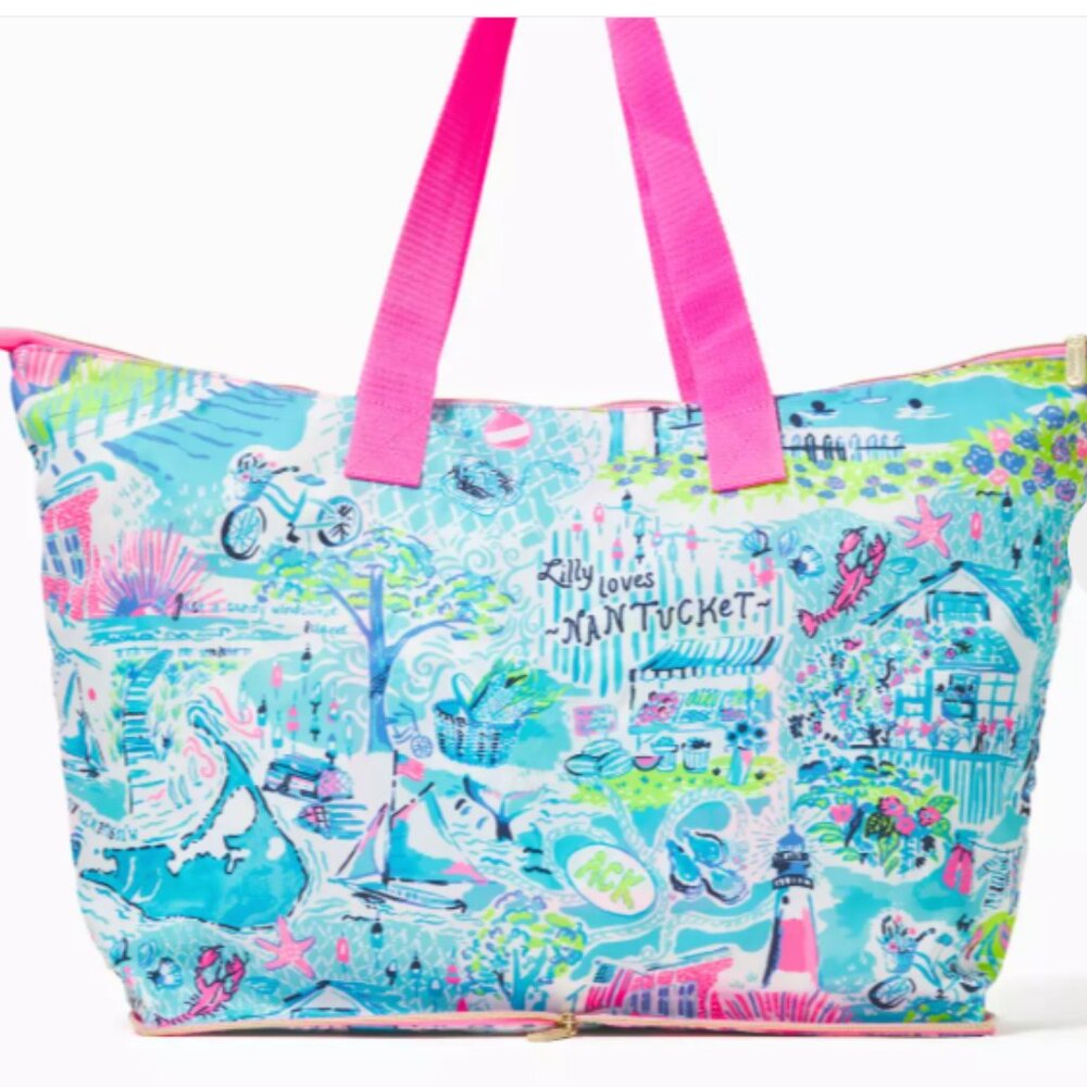 Lilly Pulitzer Getaway Packable Tote Bag Lilly Loves NANTUCKET Whisper Blue NWT